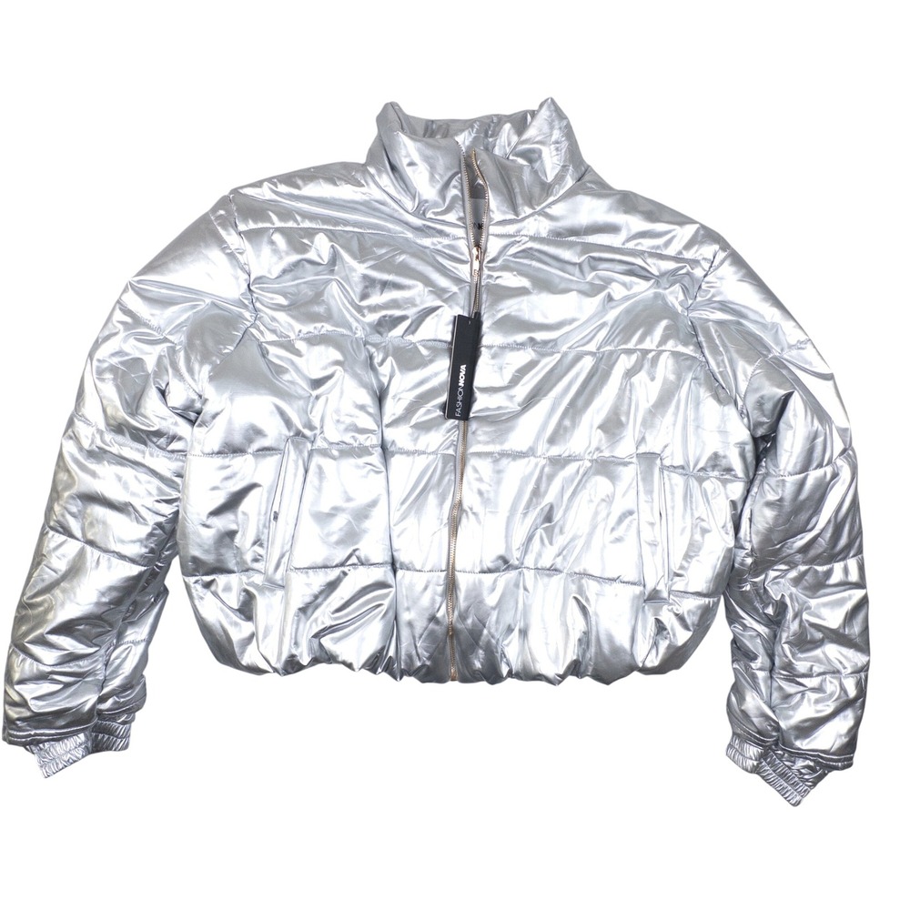 Y2K Fashion Nova Keep Up With Me Puffer Jacket Silver Metallic Plus Size 3X NWT